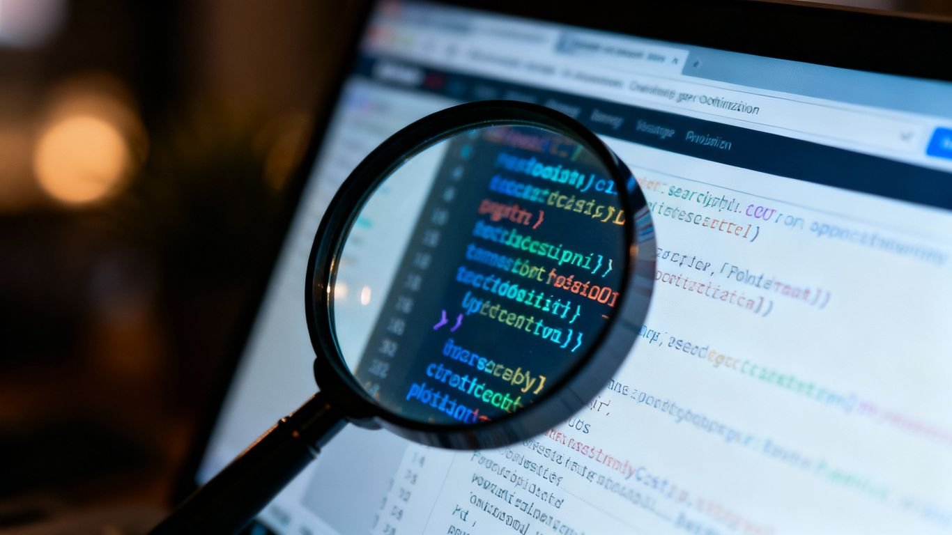 Loupe sur écran d'ordinateur avec code de référencement