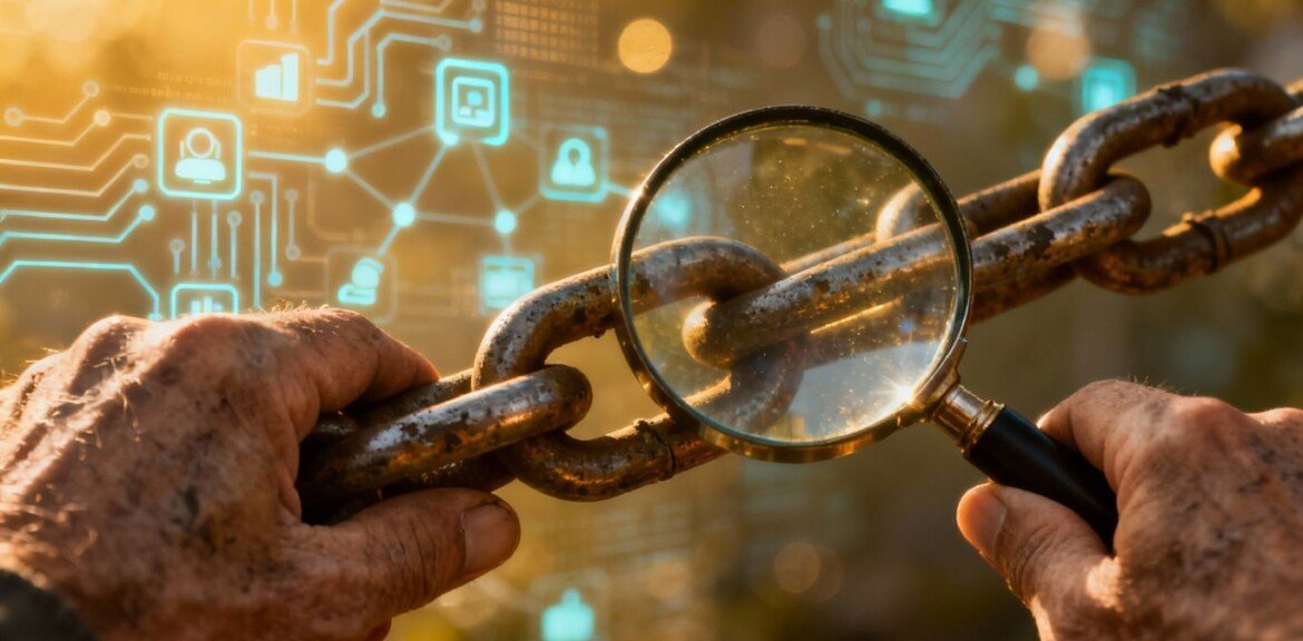 Chaîne de backlinks avec une loupe examinant un maillon.