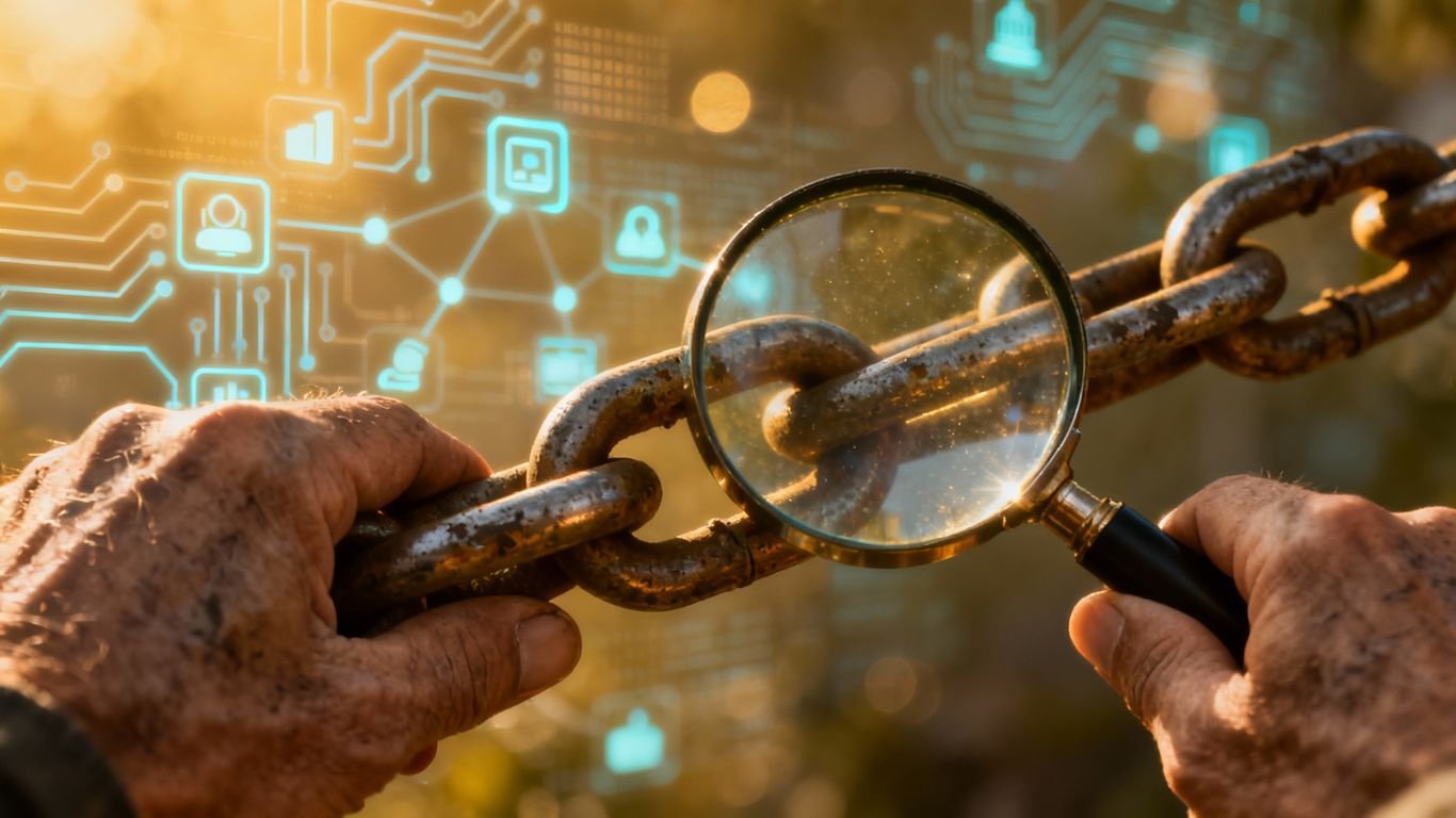 Chaîne de backlinks avec une loupe examinant un maillon.