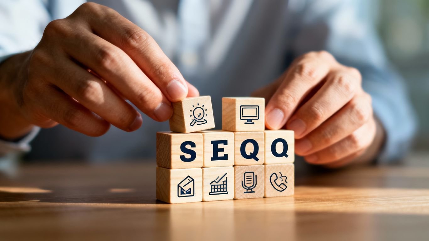 Mains construisant une tour avec des blocs SEO.