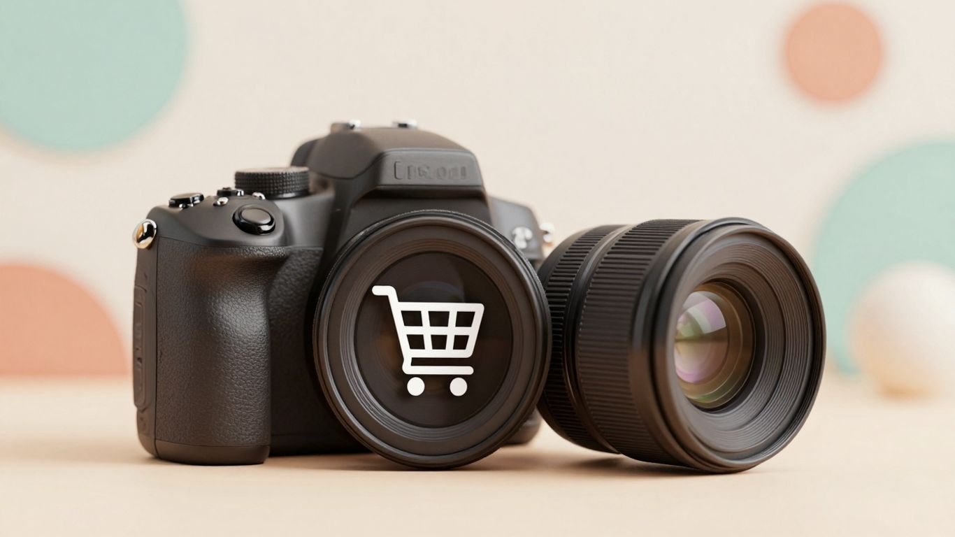 Chariot de magasinage stylisé avec objectif d'appareil photo.