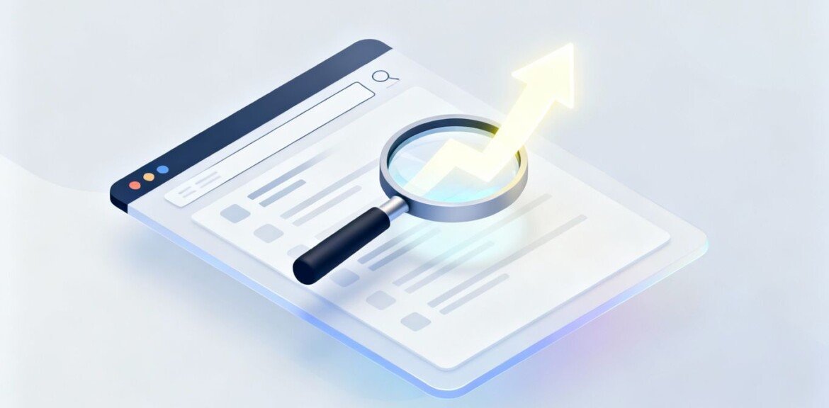 Loupe sur page de résultats Google avec flèche ascendante.