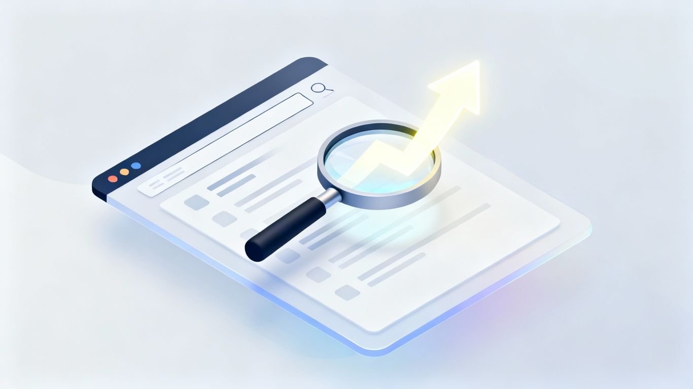 Loupe sur page de résultats Google avec flèche ascendante.