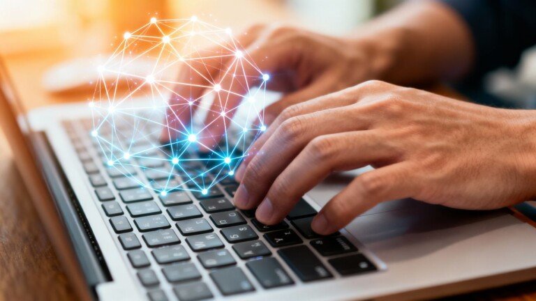 Mains tapant sur un clavier d'ordinateur, réseau numérique lumineux.