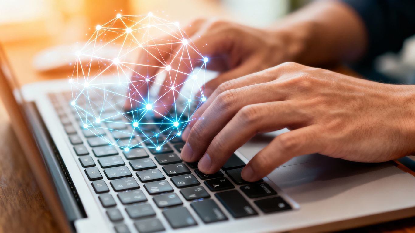 Mains tapant sur un clavier d'ordinateur, réseau numérique lumineux.