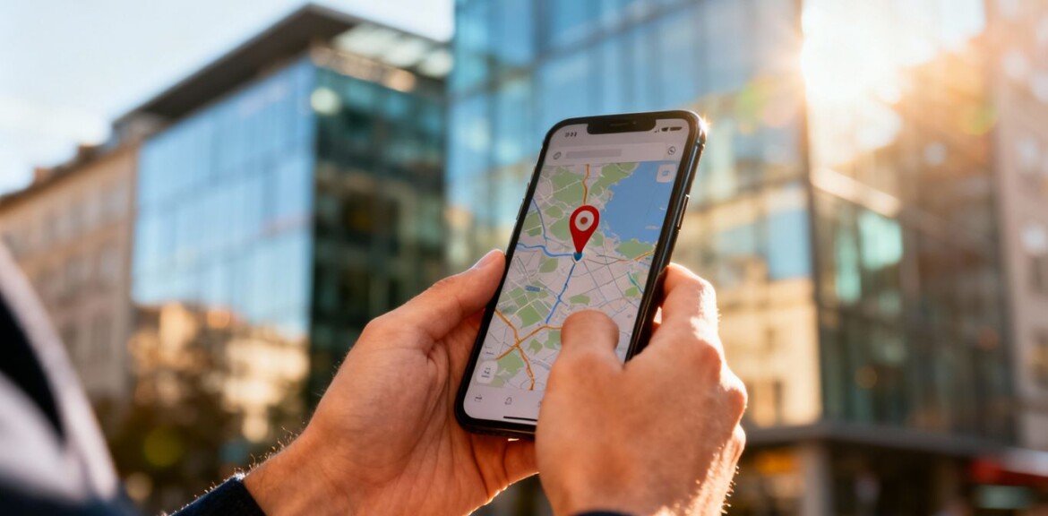 Mains tenant un smartphone avec une carte et des épingles.