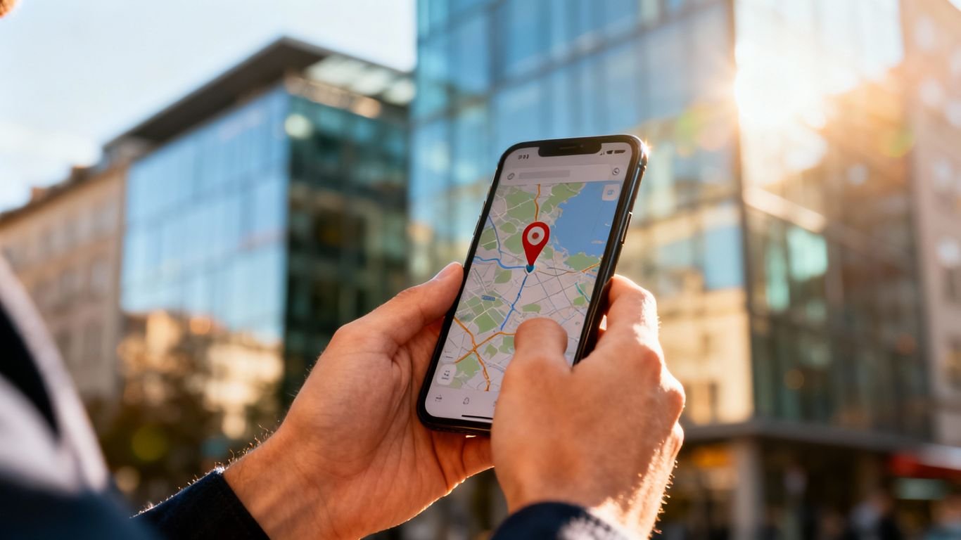 Mains tenant un smartphone avec une carte et des épingles.