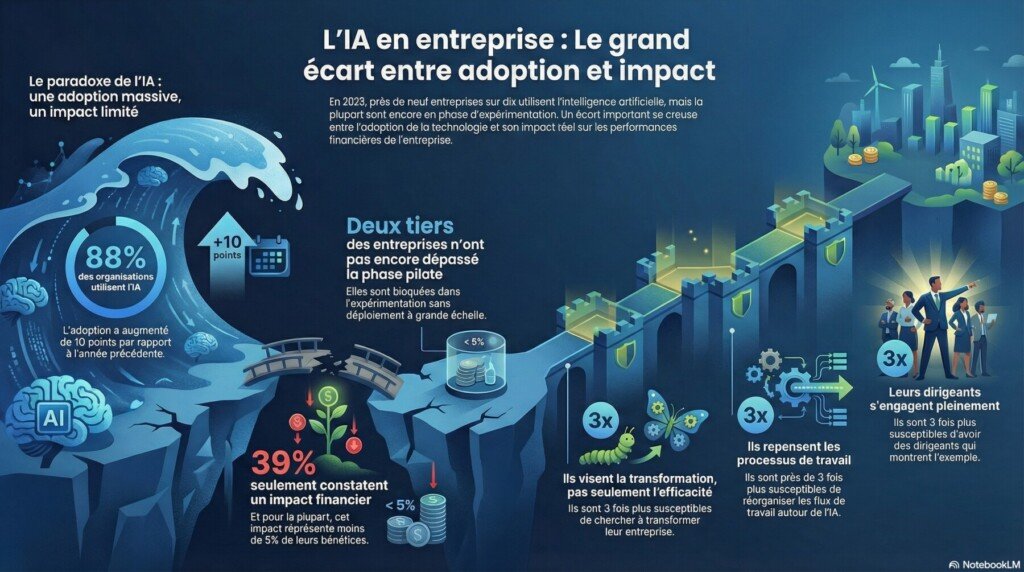 L’état de l’IA en 2025 : enseignements opérationnels pour les dirigeants 2 État de l’IA en 2025 : adoption massive, faible impact business. Analyse McKinsey et enseignements concrets pour dirigeants de PME et d’ETI.