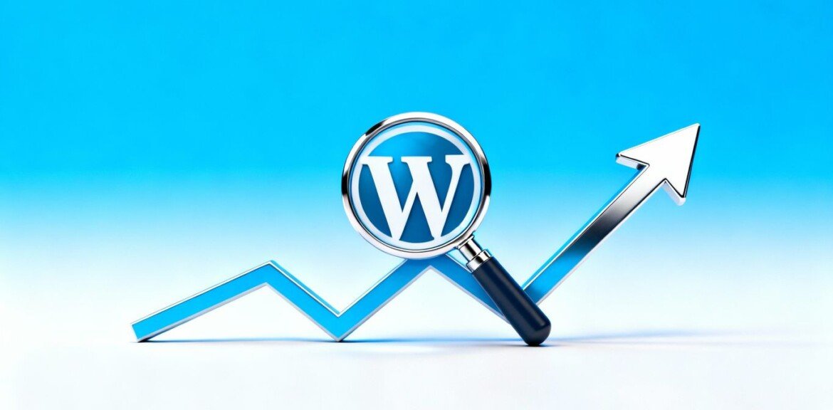Logo WordPress avec loupe et flèche de tendance ascendante.