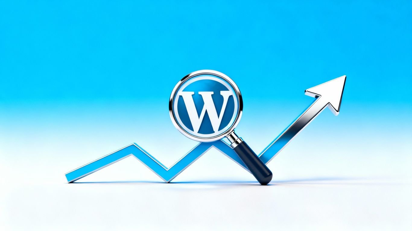 Logo WordPress avec loupe et flèche de tendance ascendante.