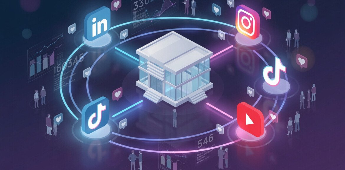 Neads, l'agence social media créative et experte 1 Une composition graphique sophistiquée et moderne illustrant le concept d'une agence social media connectant une entreprise à son audience. Au centre, un bâtiment d'entreprise stylisé en 3D isométrique. Autour de lui, des lignes lumineuses bleues et violettes relient ce bâtiment aux icônes des principales plateformes sociales : LinkedIn, Instagram, TikTok, Facebook, YouTube, disposées en cercle. Chaque icône est entourée de petites notifications symbolisant l'engagement (cœurs, commentaires, partages). Des silhouettes humaines stylisées représentant la communauté gravitent autour de l'ensemble. En arrière-plan, un dégradé subtil allant du bleu marine au violet profond évoquant l'univers digital. Des données chiffrées flottent légèrement autour des connexions (pourcentages, graphiques simplifiés). Style flat design épuré avec effets de profondeur et reflets lumineux, très contemporain et professionnel.