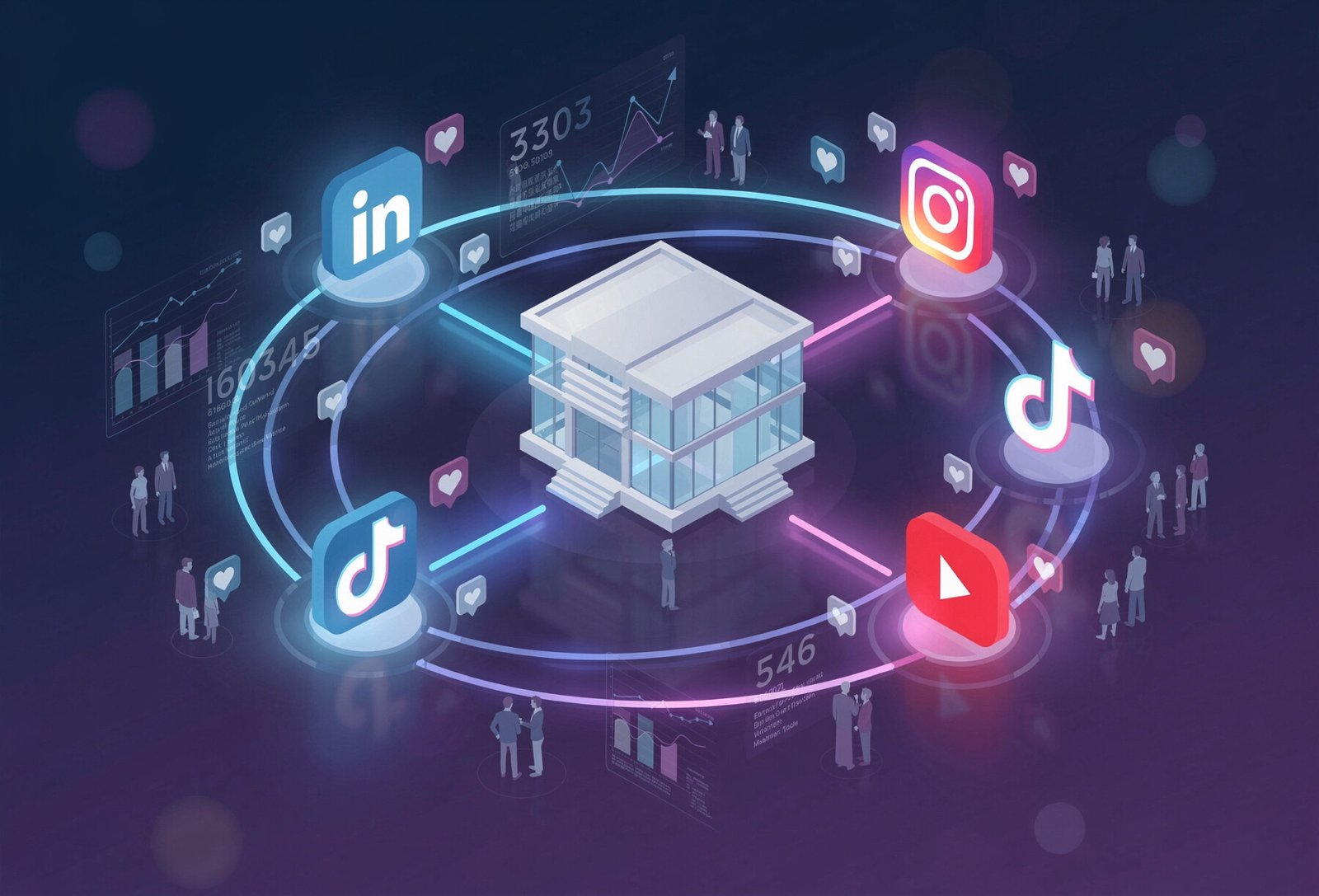 Une composition graphique sophistiquée et moderne illustrant le concept d'une agence social media connectant une entreprise à son audience. Au centre, un bâtiment d'entreprise stylisé en 3D isométrique. Autour de lui, des lignes lumineuses bleues et violettes relient ce bâtiment aux icônes des principales plateformes sociales : LinkedIn, Instagram, TikTok, Facebook, YouTube, disposées en cercle. Chaque icône est entourée de petites notifications symbolisant l'engagement (cœurs, commentaires, partages). Des silhouettes humaines stylisées représentant la communauté gravitent autour de l'ensemble. En arrière-plan, un dégradé subtil allant du bleu marine au violet profond évoquant l'univers digital. Des données chiffrées flottent légèrement autour des connexions (pourcentages, graphiques simplifiés). Style flat design épuré avec effets de profondeur et reflets lumineux, très contemporain et professionnel.