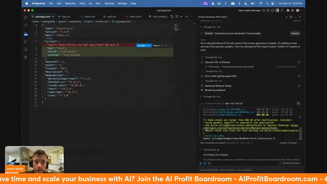 Éditeur de code et console d'agent montrant package.json, logs de build et code généré ; panneau d'agent à droite et vignette du présentateur en bas à gauche.