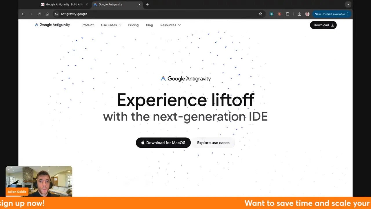 Capture d'écran centrée du site Google AntiGravity affichant le titre 'Experience liftoff', les boutons d'action clairs et une vignette du présentateur en bas à gauche, bon contraste et lisibilité.
