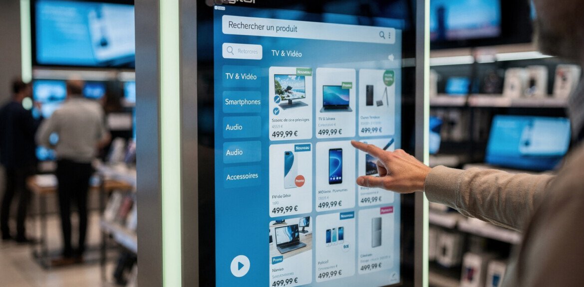 Borne tactile, écran publicitaire ou écran vitrine magasin : quelles solutions pour moderniser l’expérience client en magasin ? 1 borne tactile digilor catalogue