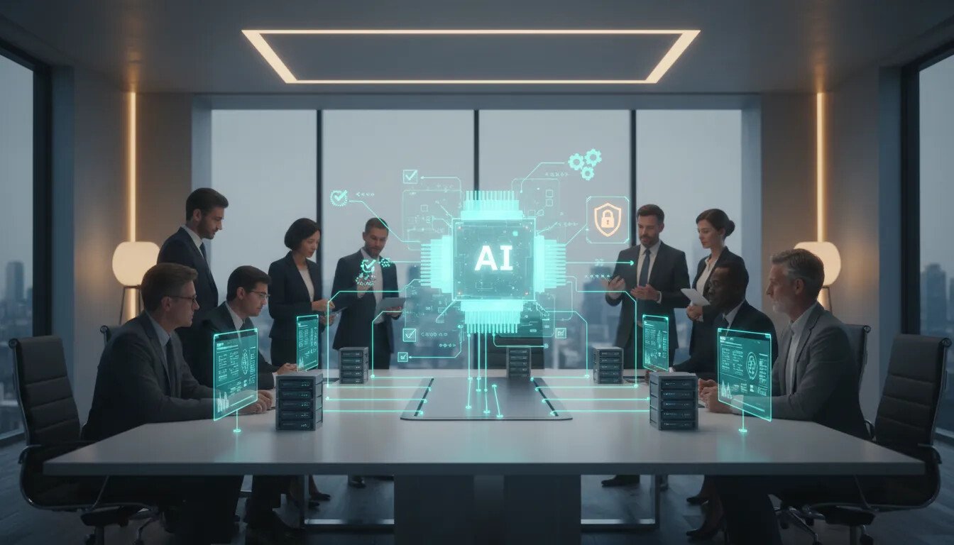 Illustration conceptuelle de Claude Skills : architecture modulaire d’IA industrielle en hologramme dans une salle de réunion, automatisation, cohérence et sécurité pour l’entreprise