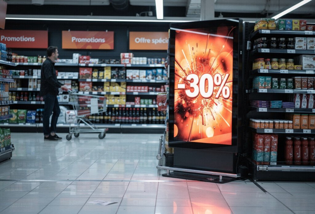 Borne tactile, écran publicitaire ou écran vitrine magasin : quelles solutions pour moderniser l’expérience client en magasin ? 2 Écran publicitaire en tête de gondole