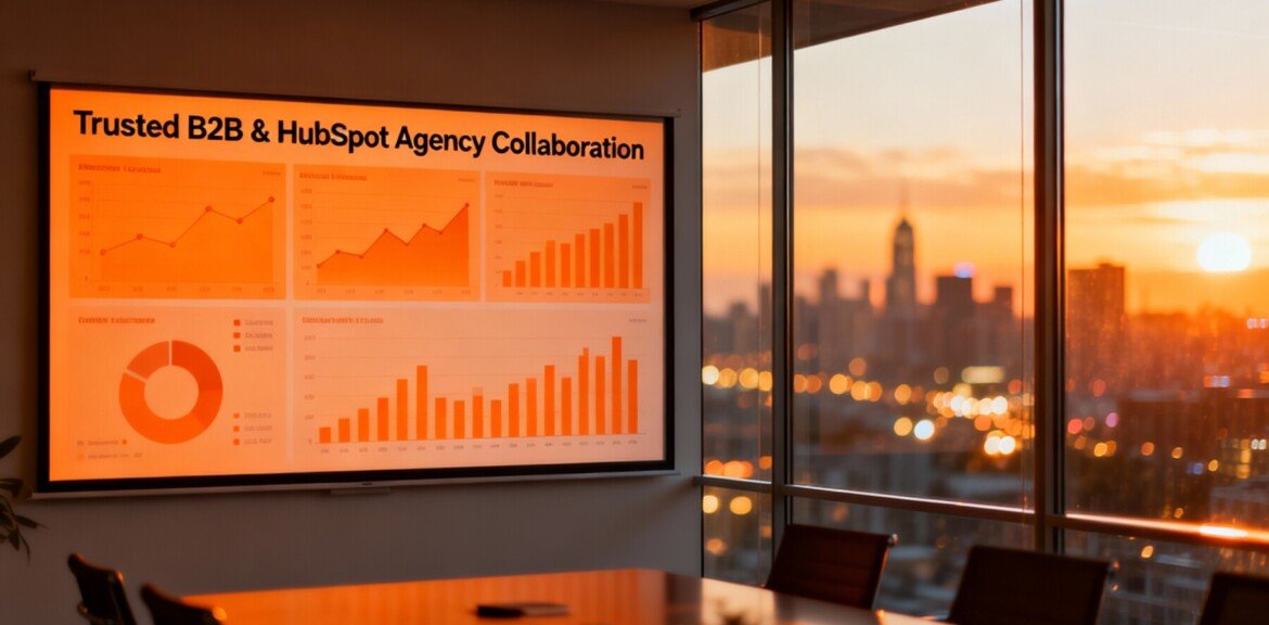 Comment choisir la bonne agence HubSpot en B2B 1 Une photographie professionnelle d'agence Hubspot B2B représentant une salle de réunion moderne aux parois vitrées baignée d'une douce lumière naturelle. Au premier plan, un cadre supérieur d'une cinquantaine d'années vêtu d'un costume bleu marine est debout, examinant un grand écran interactif affichant des tableaux de bord CRM, des pipelines de vente et des graphiques de performance orange. À ses côtés, une consultante d'une quarantaine d'années vêtue d'un blazer bleu ciel pointe du doigt des indicateurs spécifiques à l'écran, symbolisant les conseils stratégiques d'une agence partenaire de HubSpot. La palette de couleurs se compose principalement de tons bleu ciel sur les murs et le mobilier, rehaussés par les visualisations de données orange vif à l'écran et les plantes vertes discrètes dans les coins. À travers les baies vitrées, un paysage urbain flou aux teintes chaudes du coucher de soleil, rouges et orangées, crée de la profondeur. L'atmosphère inspire confiance, expertise et prise de décision collaborative entre une entreprise B2B et son agence partenaire HubSpot. Esthétique d'entreprise épurée et minimaliste, avec un accent particulier sur les deux professionnels.