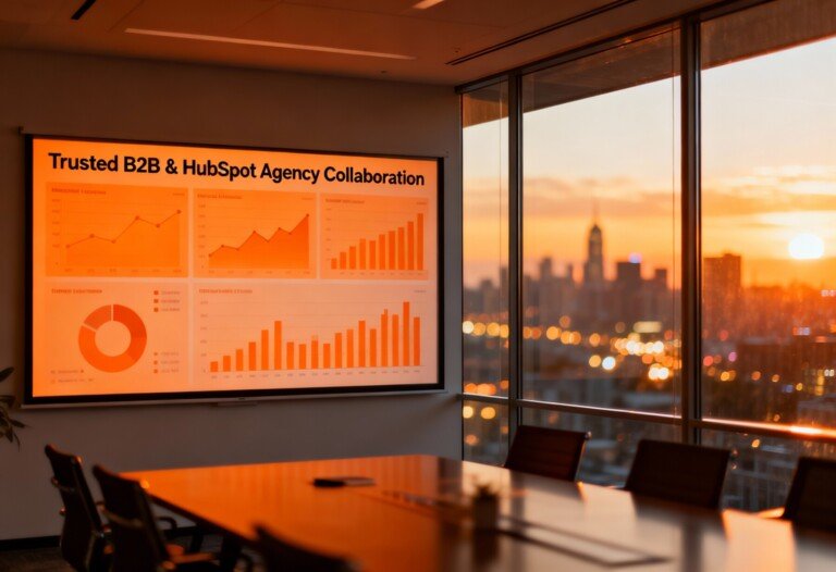 Une photographie professionnelle d'agence Hubspot B2B représentant une salle de réunion moderne aux parois vitrées baignée d'une douce lumière naturelle. Au premier plan, un cadre supérieur d'une cinquantaine d'années vêtu d'un costume bleu marine est debout, examinant un grand écran interactif affichant des tableaux de bord CRM, des pipelines de vente et des graphiques de performance orange. À ses côtés, une consultante d'une quarantaine d'années vêtue d'un blazer bleu ciel pointe du doigt des indicateurs spécifiques à l'écran, symbolisant les conseils stratégiques d'une agence partenaire de HubSpot. La palette de couleurs se compose principalement de tons bleu ciel sur les murs et le mobilier, rehaussés par les visualisations de données orange vif à l'écran et les plantes vertes discrètes dans les coins. À travers les baies vitrées, un paysage urbain flou aux teintes chaudes du coucher de soleil, rouges et orangées, crée de la profondeur. L'atmosphère inspire confiance, expertise et prise de décision collaborative entre une entreprise B2B et son agence partenaire HubSpot. Esthétique d'entreprise épurée et minimaliste, avec un accent particulier sur les deux professionnels.