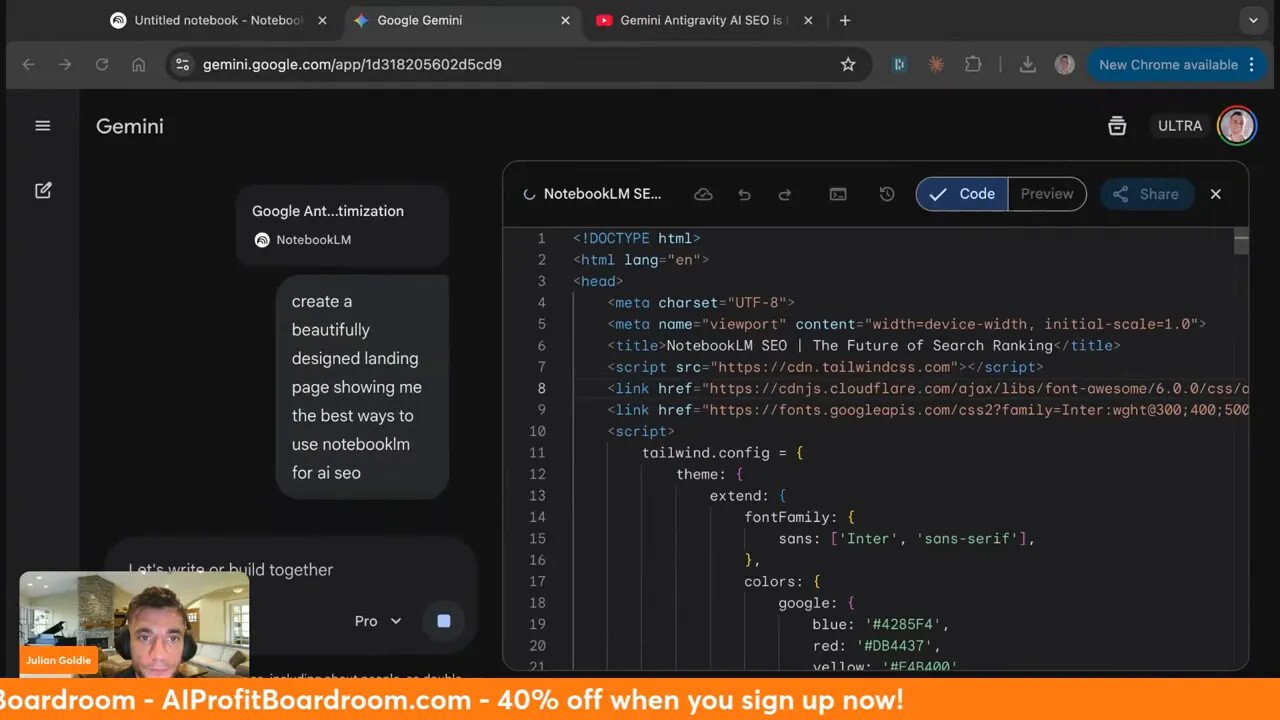 Capture claire de Google Gemini affichant un éditeur de code HTML/CSS à droite et des cartes de requêtes NotebookLM à gauche ; fenêtre webcam discrète en bas à gauche.