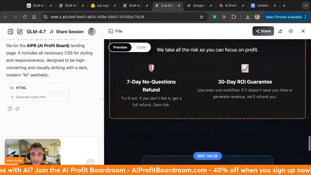 Interface web avec en‑tête 'GLM‑4.7', aperçu d'une landing page sombre et petite vignette du présentateur en coin.