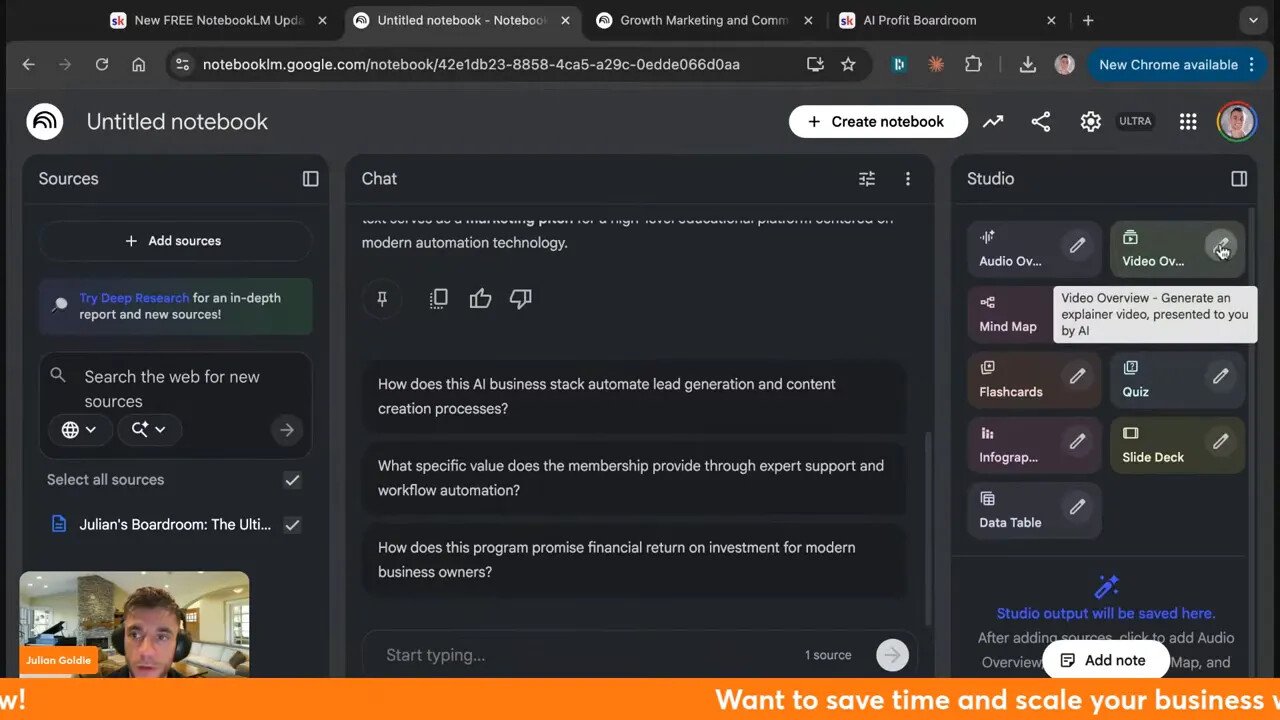 NotebookLM Studio panel with output options highlighted, cursor on Video Overview showing tooltip