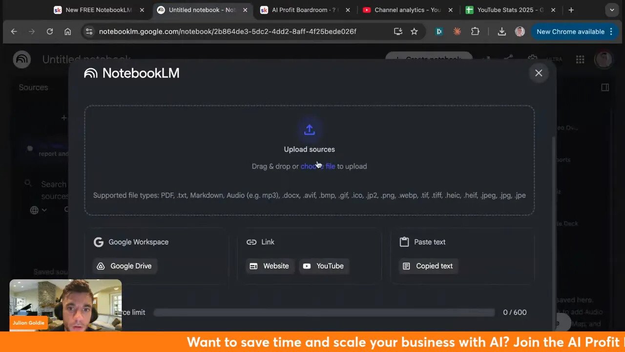 Boîte de dialogue NotebookLM 'Upload sources' montrant la zone d'upload et les options Google Drive, Link et Paste text.