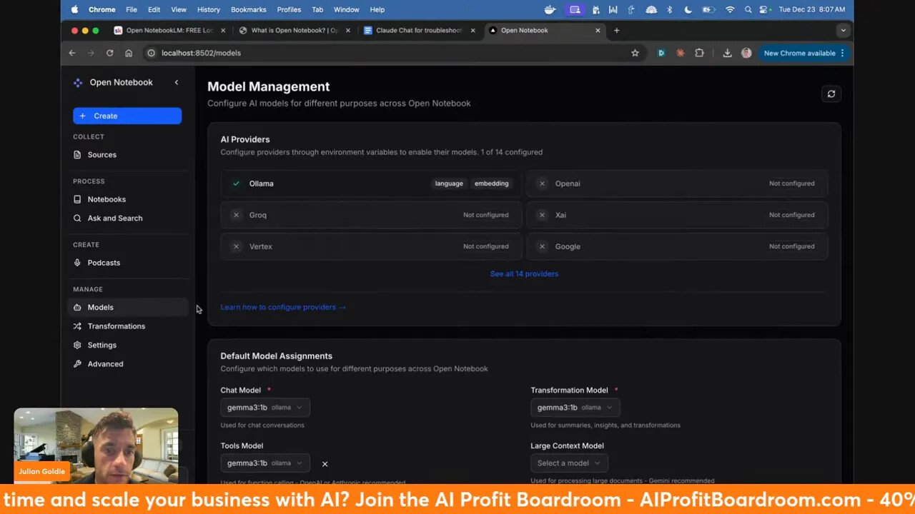 Page 'Model Management' d'Open Notebook montrant la configuration des fournisseurs et les assignations de modèles (Chat Model, Tools Model, Embedding Model).