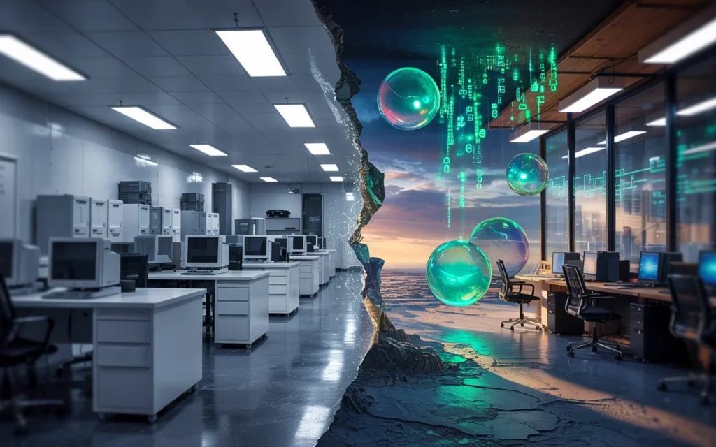 Intelligence artificielle : le guide complet pour choisir les meilleurs outils IA en 2026 3 Texte alternatif : Illustration conceptuelle montrant la séparation entre les entreprises traditionnelles et celles utilisant les outils IA 2026 avancés