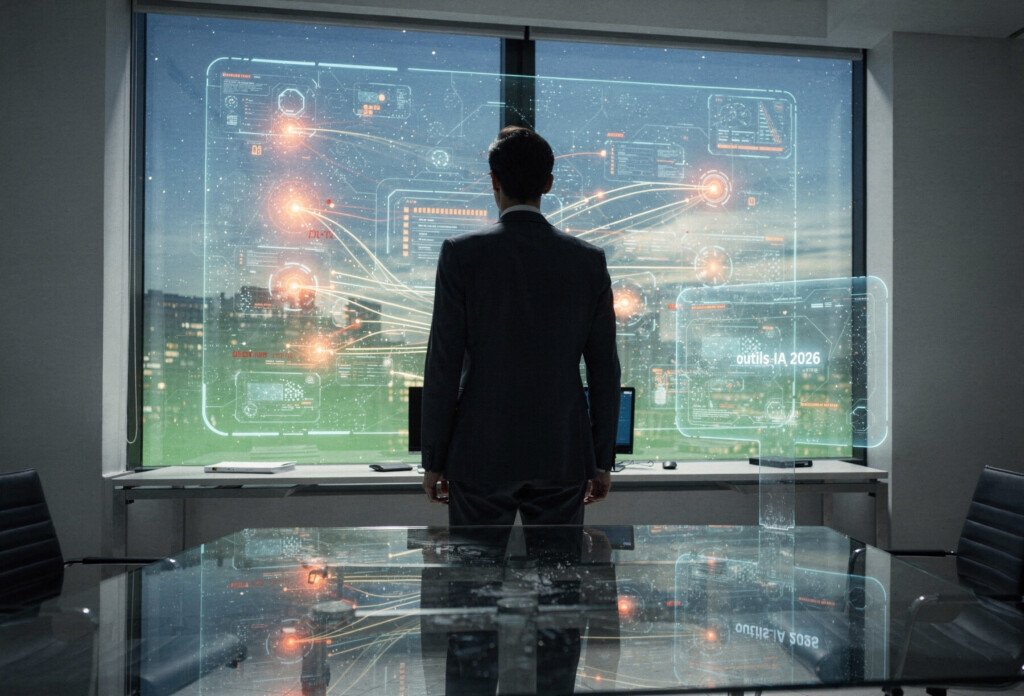 Outils IA indispensables pour marketing et dirigeants : stack IA 2026 complet 3 L'orchestration stratégique de l'IA en 2026 Texte alternatif : Un dirigeant orchestre des flux de données lumineux symbolisant les outils IA 2026 dans un bureau futuriste aux teintes bleu ciel et orange