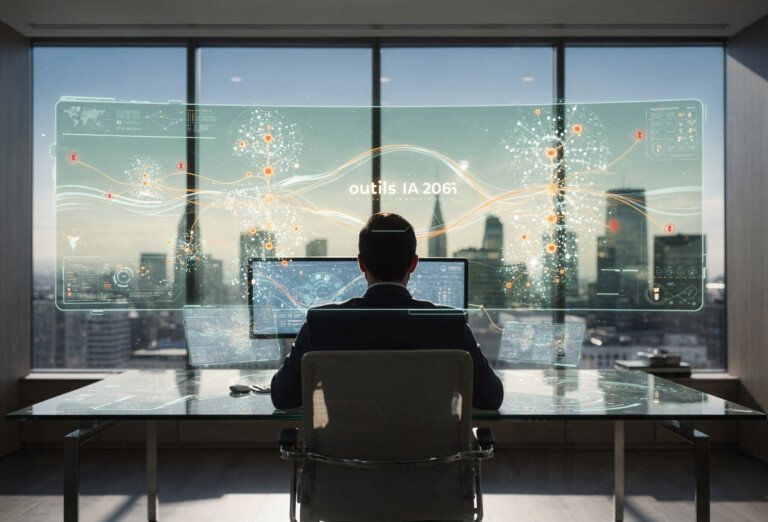 L'orchestration stratégique de l'IA en 2026 Texte alternatif : Un dirigeant orchestre des flux de données lumineux symbolisant les outils IA 2026 dans un bureau futuriste aux teintes bleu ciel et orange