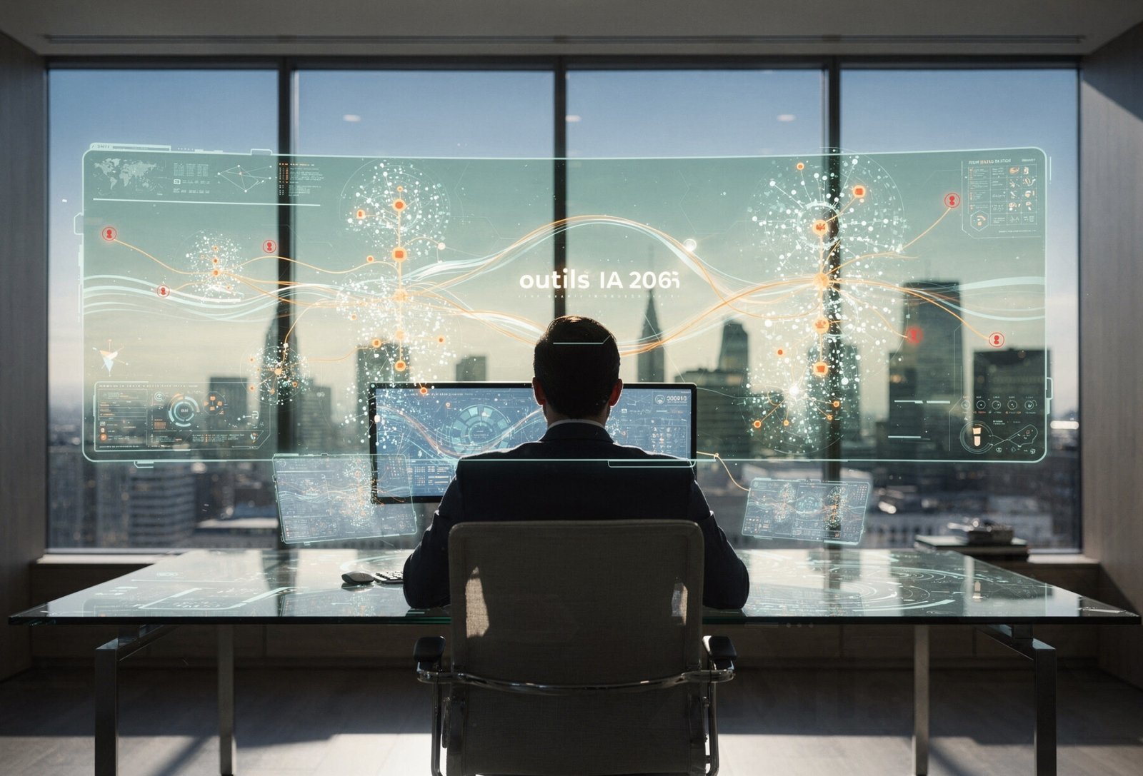 L'orchestration stratégique de l'IA en 2026 Texte alternatif : Un dirigeant orchestre des flux de données lumineux symbolisant les outils IA 2026 dans un bureau futuriste aux teintes bleu ciel et orange