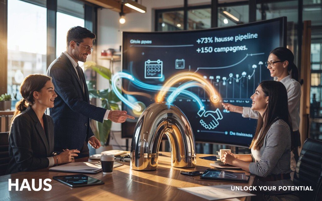 Agence de prospection commerciale : comparatif 6 agences 2026 3 Agence de prospection commerciale B2B : Une photographie d'entreprise cinématique et ultra-détaillée dans un bureau moderne