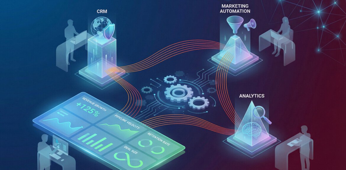 Représentation visuelle de l'écosystème RevOps intégrant le growth automation avec des flux de données automatisés entre les différents départements