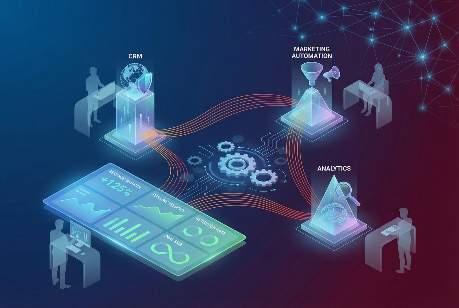Représentation visuelle de l'écosystème RevOps intégrant le growth automation avec des flux de données automatisés entre les différents départements