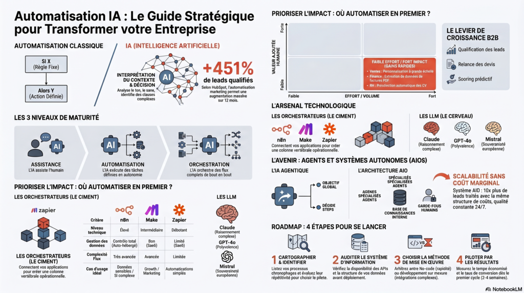 Automatisation IA : le guide complet pour transformer vos processus métier et accélérer votre croissance 3 Les processus prioritaires à automatiser : un panorama par fonction
Comment prioriser ?
Avant de choisir un logiciel ou de déployer un agent IA, la question utile est celle-ci : quels processus combinent un volume élevé de tâches répétitives, une faible valeur ajoutée de l'intervention humaine sur chaque occurrence, et un impact mesurable sur le chiffre d'affaires ou les coûts ?
