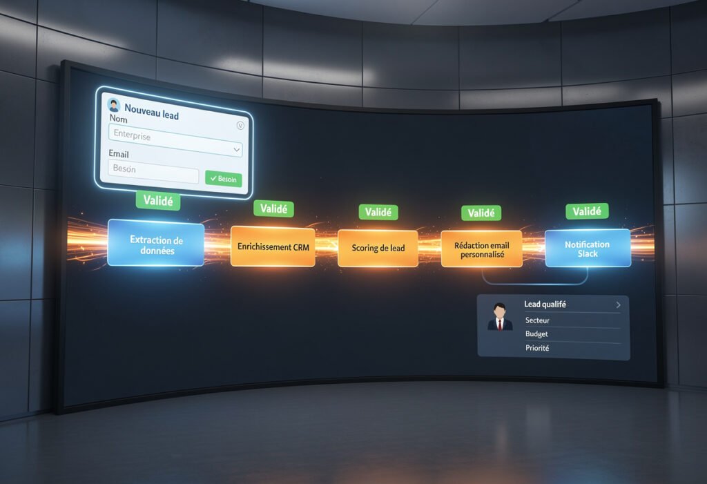 Automatisation IA : le guide complet pour transformer vos processus métier et accélérer votre croissance 4 Flux d'automatisation IA complet illustrant le traitement autonome d'un lead entrant, de la qualification à la notification du commercial