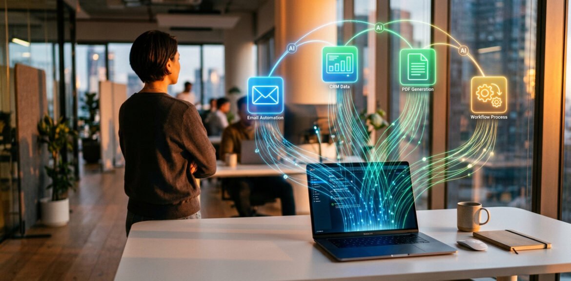 Automatisation IA : le guide complet pour transformer vos processus métier et accélérer votre croissance 1 Illustration de l'automatisation IA transformant les processus métier d'une PME avec des flux de données lumineux interconnectés