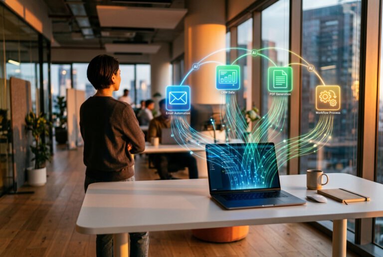 Blog 605 Illustration de l'automatisation IA transformant les processus métier d'une PME avec des flux de données lumineux interconnectés