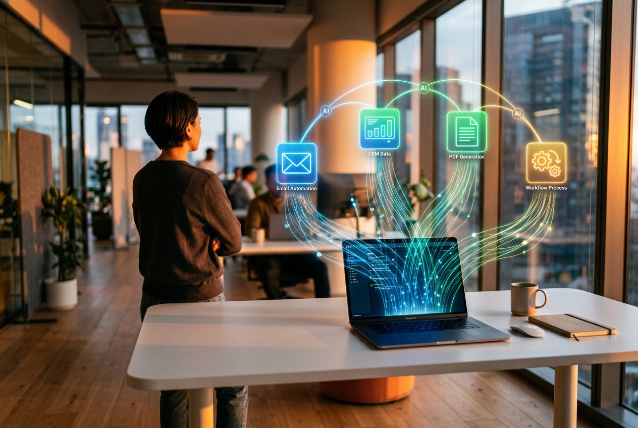 Illustration de l'automatisation IA transformant les processus métier d'une PME avec des flux de données lumineux interconnectés