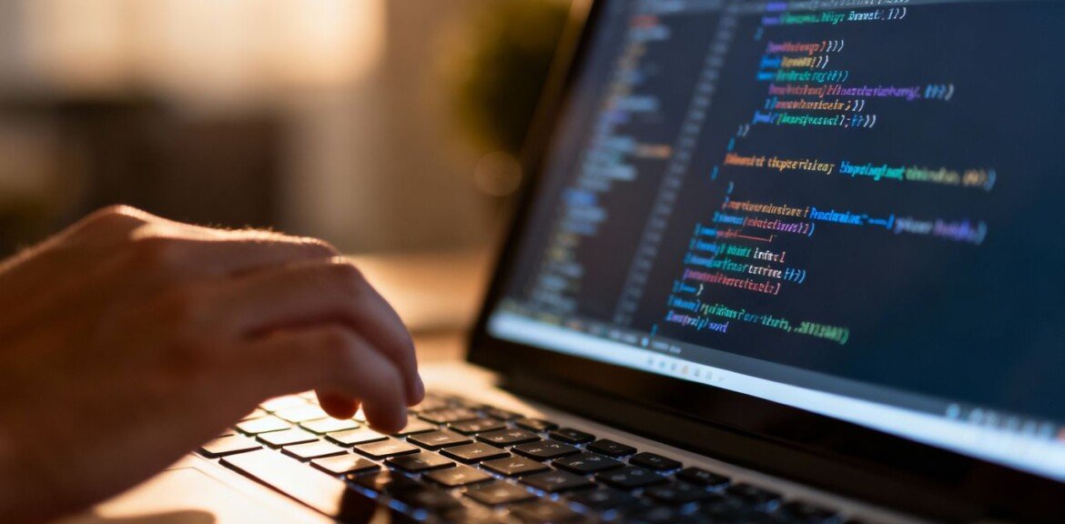 Code sur un écran d'ordinateur avec une main sur le clavier.