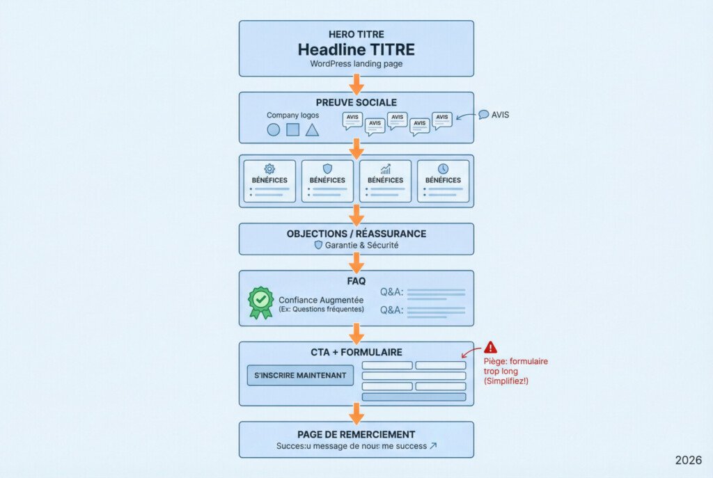 Landing page Wordpress : comment créer une landing page sur WordPress ? 2 Infographie montrant la structure type d’une landing page WordPress : hero, preuve sociale, bénéfices, FAQ, CTA, formulaire et page merci.