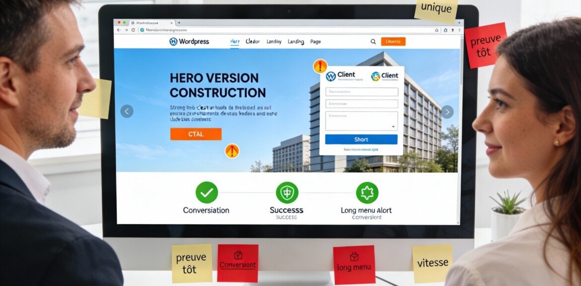 Landing page Wordpress : comment créer une landing page sur WordPress ? 1 Illustration d’une landing page WordPress orientée conversion, avec promesse, preuve sociale et CTA visibles, dans une interface moderne.