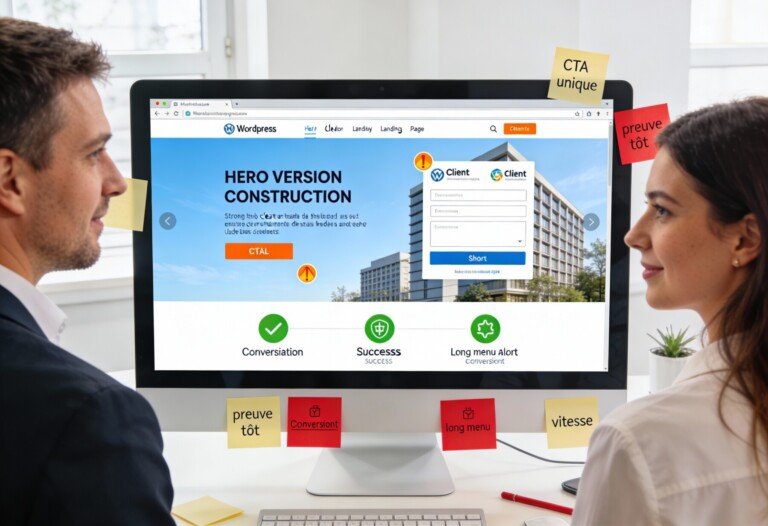 Illustration d’une landing page WordPress orientée conversion, avec promesse, preuve sociale et CTA visibles, dans une interface moderne.