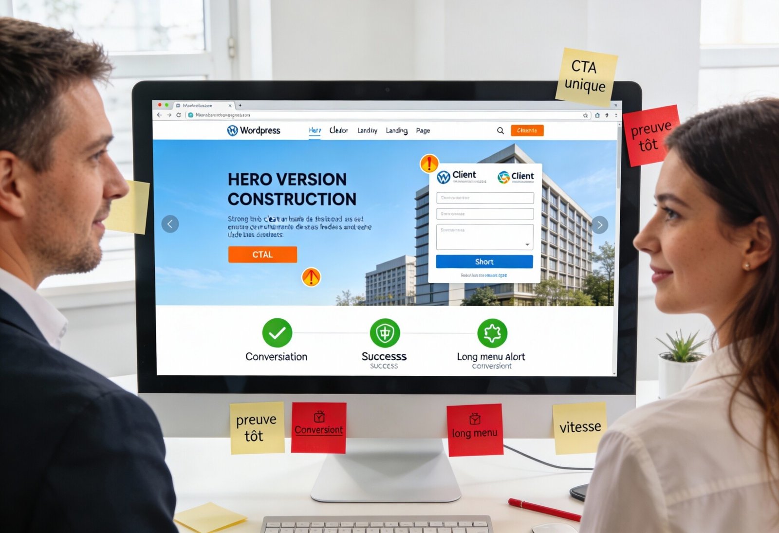 Illustration d’une landing page WordPress orientée conversion, avec promesse, preuve sociale et CTA visibles, dans une interface moderne.