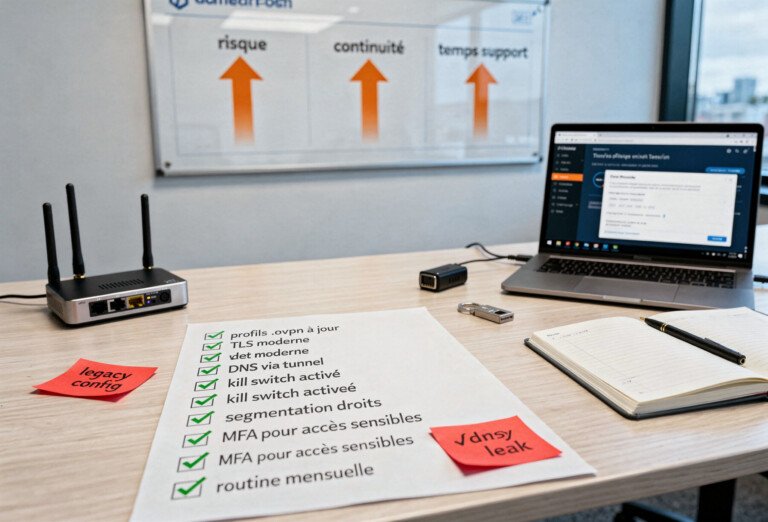 Checklist open vpn : mise à jour, profils .ovpn, TLS moderne, DNS via tunnel, kill switch, segmentation, MFA.