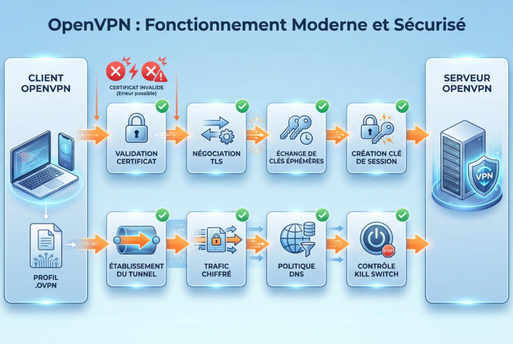 Open vpn : définition, fonctionnement et sécurité 2026 pour décider sans augmenter vos risques 2 Infographie claire expliquant open vpn : handshake TLS, authentification, échange de clés, puis tunnel de données chiffré.