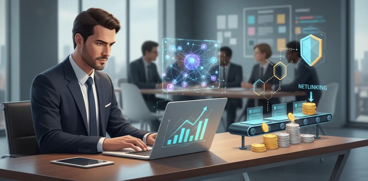 SEO 2026 Dirigeant au bureau avec laptop montrant graphiques de croissance, hologramme d'IA, pipeline de contenu transformant articles en pièces et bouclier symbolisant réduction des risques — illustration conceptuelle de stratégie SEO 2026 et monétisation rapide