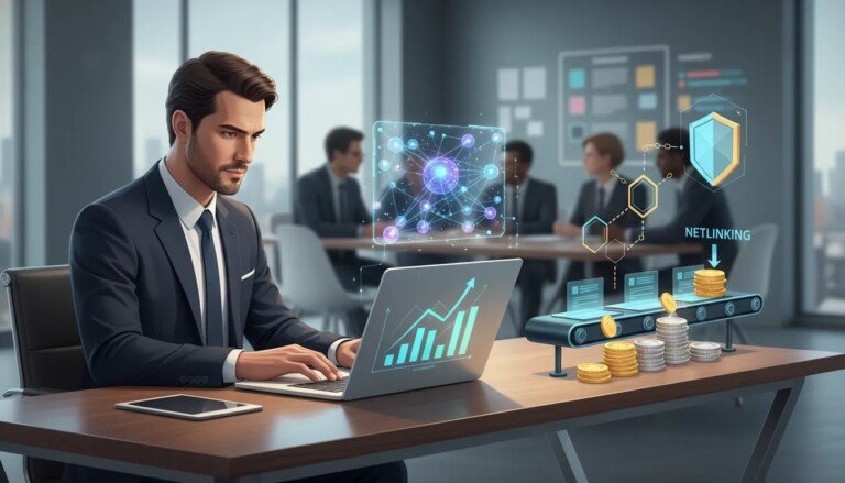 SEO 2026 Dirigeant au bureau avec laptop montrant graphiques de croissance, hologramme d'IA, pipeline de contenu transformant articles en pièces et bouclier symbolisant réduction des risques — illustration conceptuelle de stratégie SEO 2026 et monétisation rapide