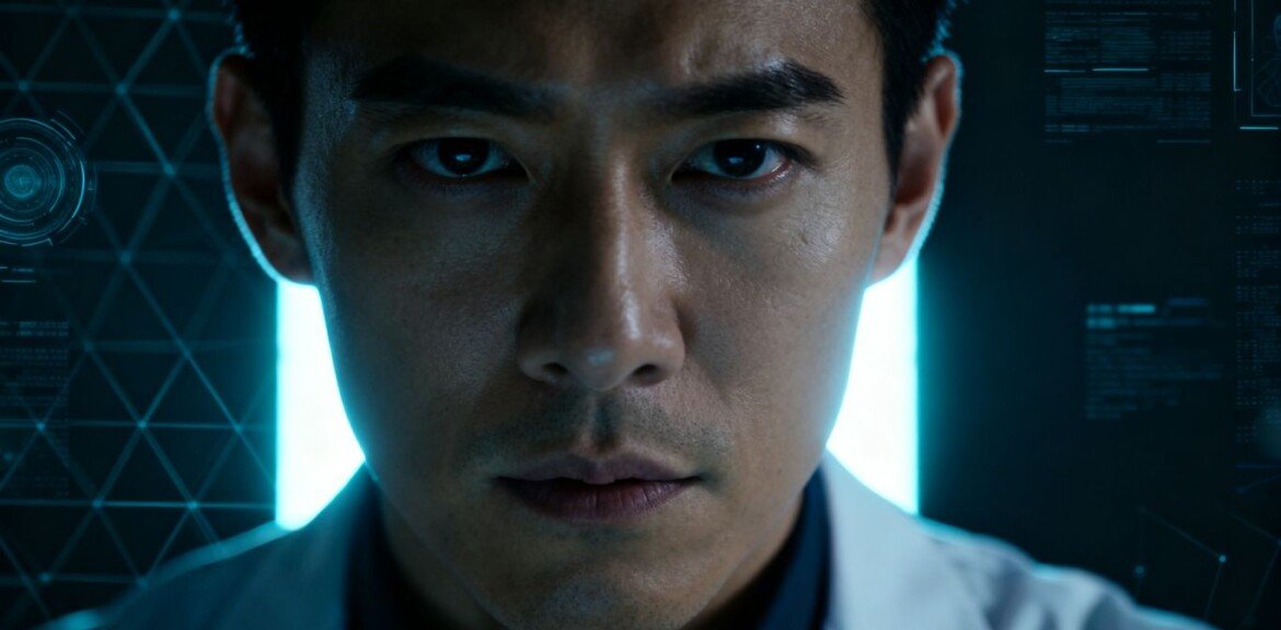 Portrait d'un individu déterminé, technologie futuriste en arrière-plan.